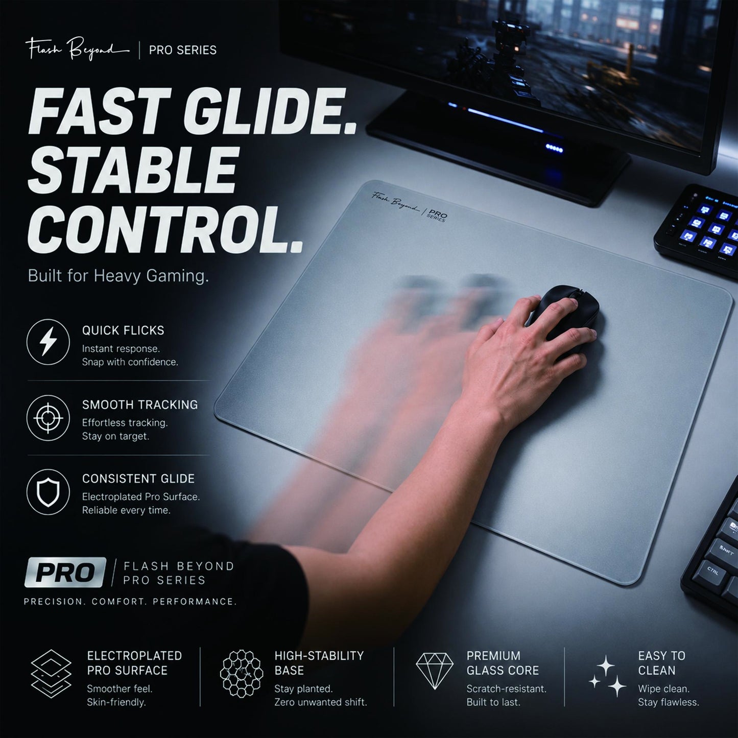 Flash beyond Pro Glass Gaming Mouse Pad, Electroplated Hard Glass Mousepad, Sleeve-Free Smooth Glide, Graphite Gray
