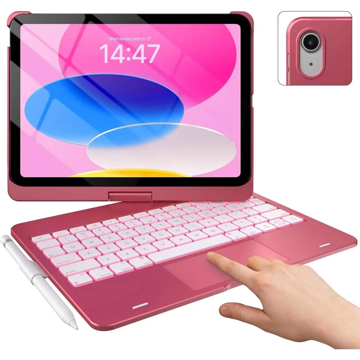 Touch Ipad 10Th Generation Case with Keyboard (10.9", 2022), Multi-Touch Trackpad, 10 Color Backlight, 360? Rotatable, Thin & Light for Ipad 10Th Gen 10.9 (Raspberry)