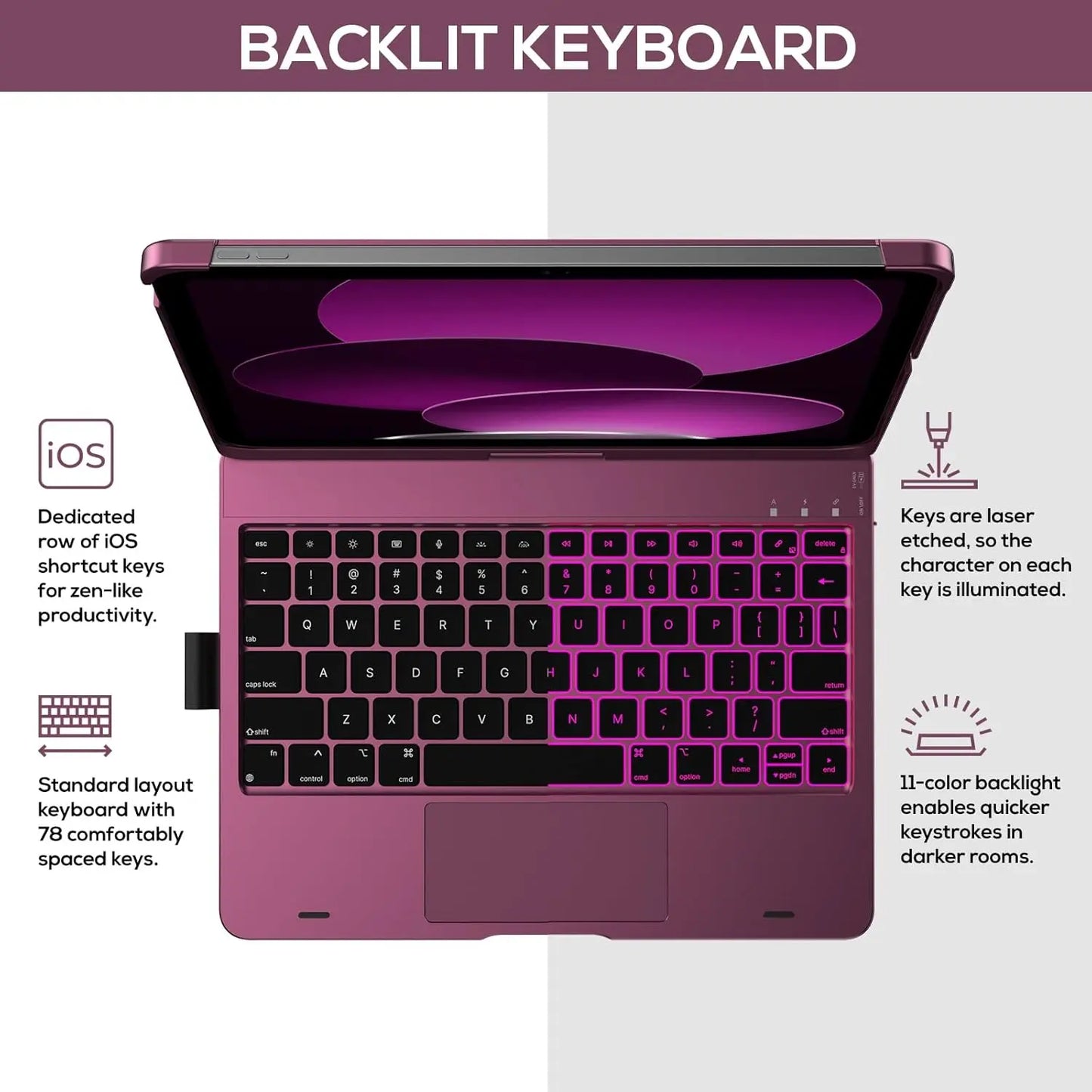 Touch Ipad 10Th Generation Case with Keyboard (10.9", 2022), Multi-Touch Trackpad, 10 Color Backlight, 360? Rotatable, Thin & Light for Ipad 10Th Gen 10.9 (Raspberry)