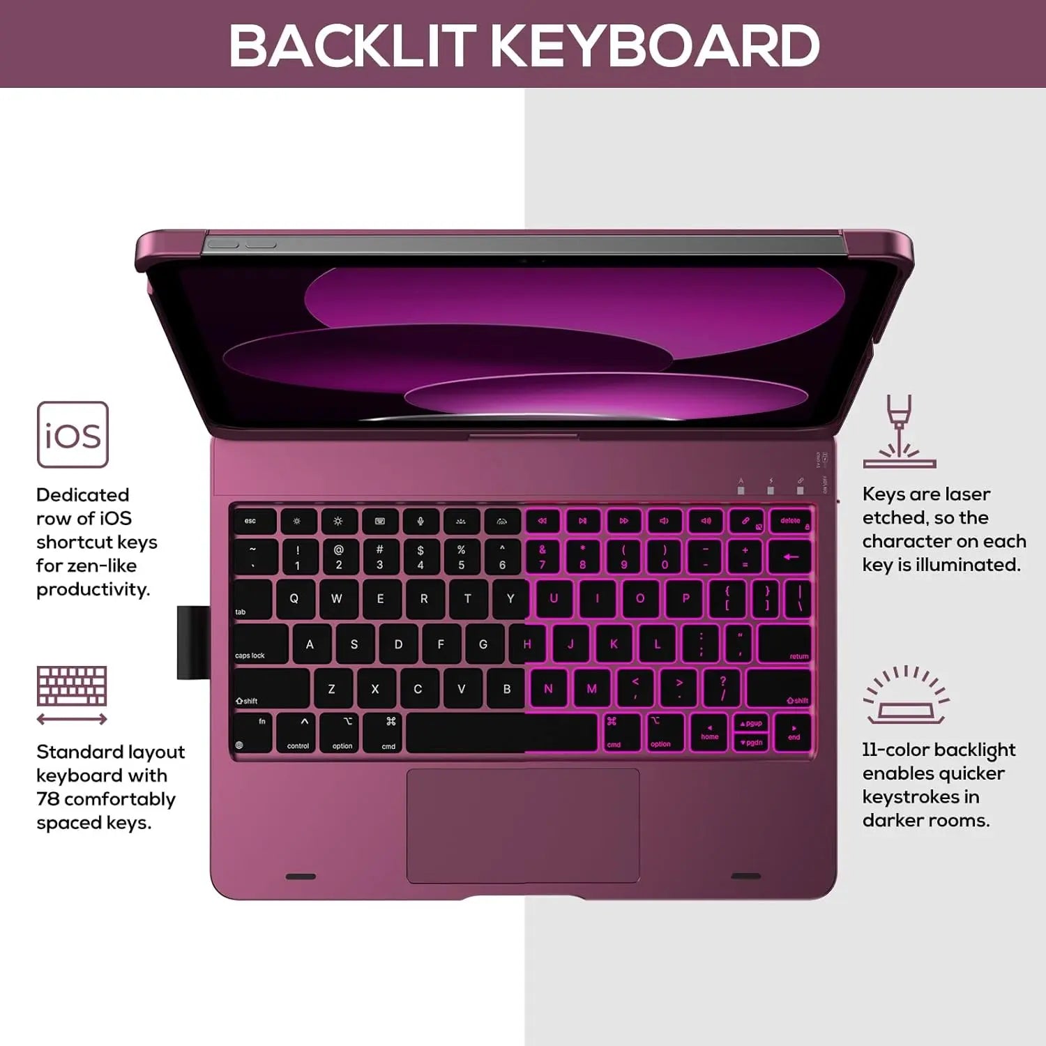 Touch Ipad 10Th Generation Case with Keyboard (10.9", 2022), Multi-Touch Trackpad, 10 Color Backlight, 360? Rotatable, Thin & Light for Ipad 10Th Gen 10.9 (Raspberry)