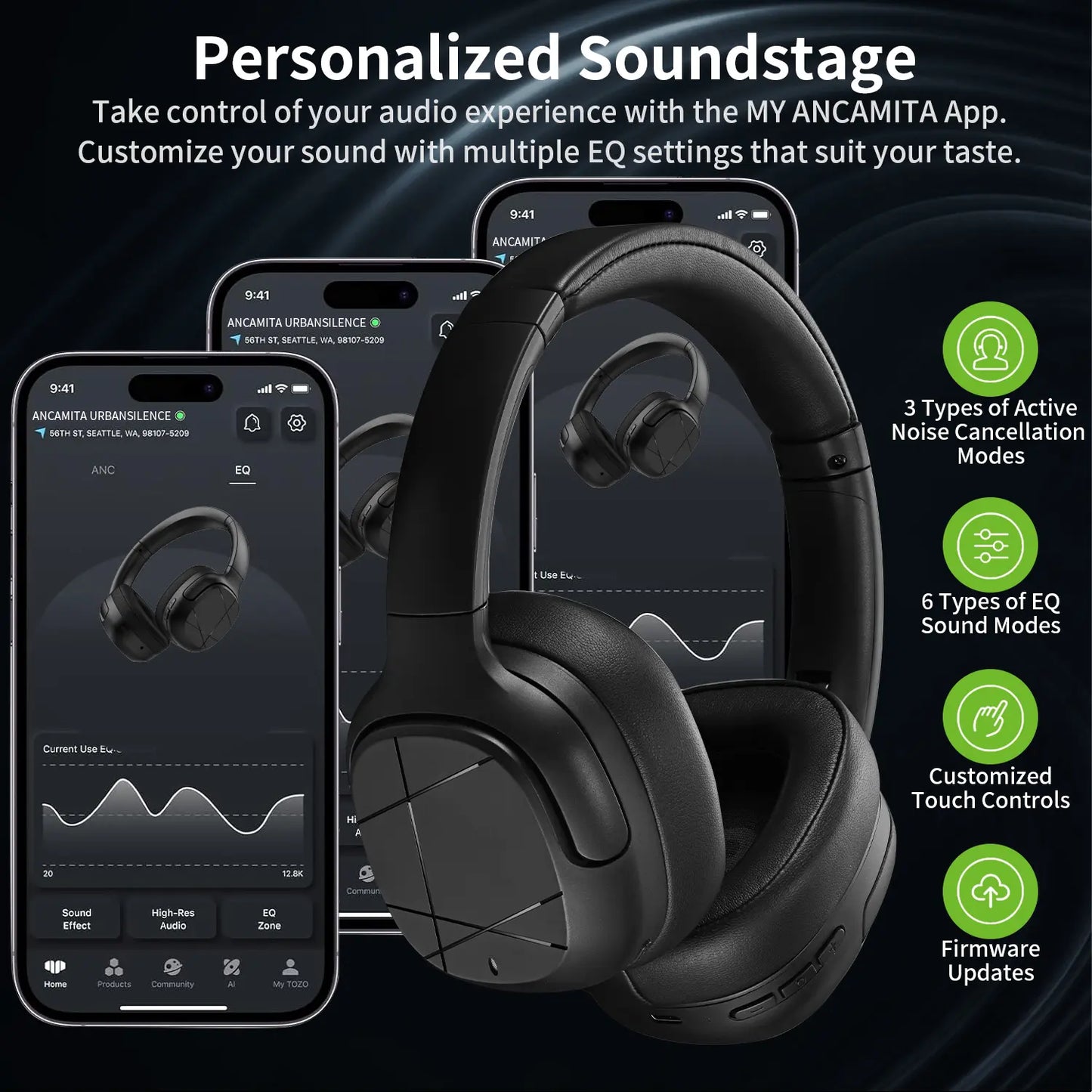 【US】ANCAMITA Hybrid Active Noise Cancelling Over-Ear Wireless Bluetooth Headphones – 50H Playtime, Foldable Design, Deep Bass, App EQ, Transparency Mode