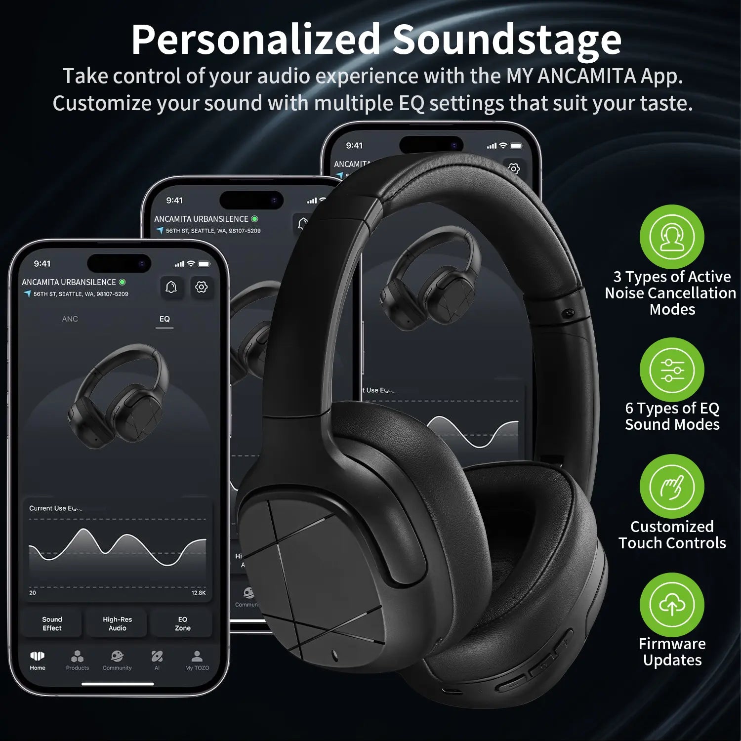 【US】ANCAMITA Hybrid Active Noise Cancelling Over-Ear Wireless Bluetooth Headphones – 50H Playtime, Foldable Design, Deep Bass, App EQ, Transparency Mode
