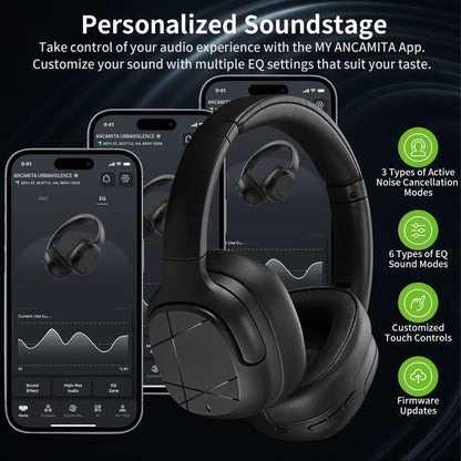 【US】ANCAMITA Hybrid Active Noise Cancelling Over-Ear Wireless Bluetooth Headphones – 50H Playtime, Foldable Design, Deep Bass, App EQ, Transparency Mode