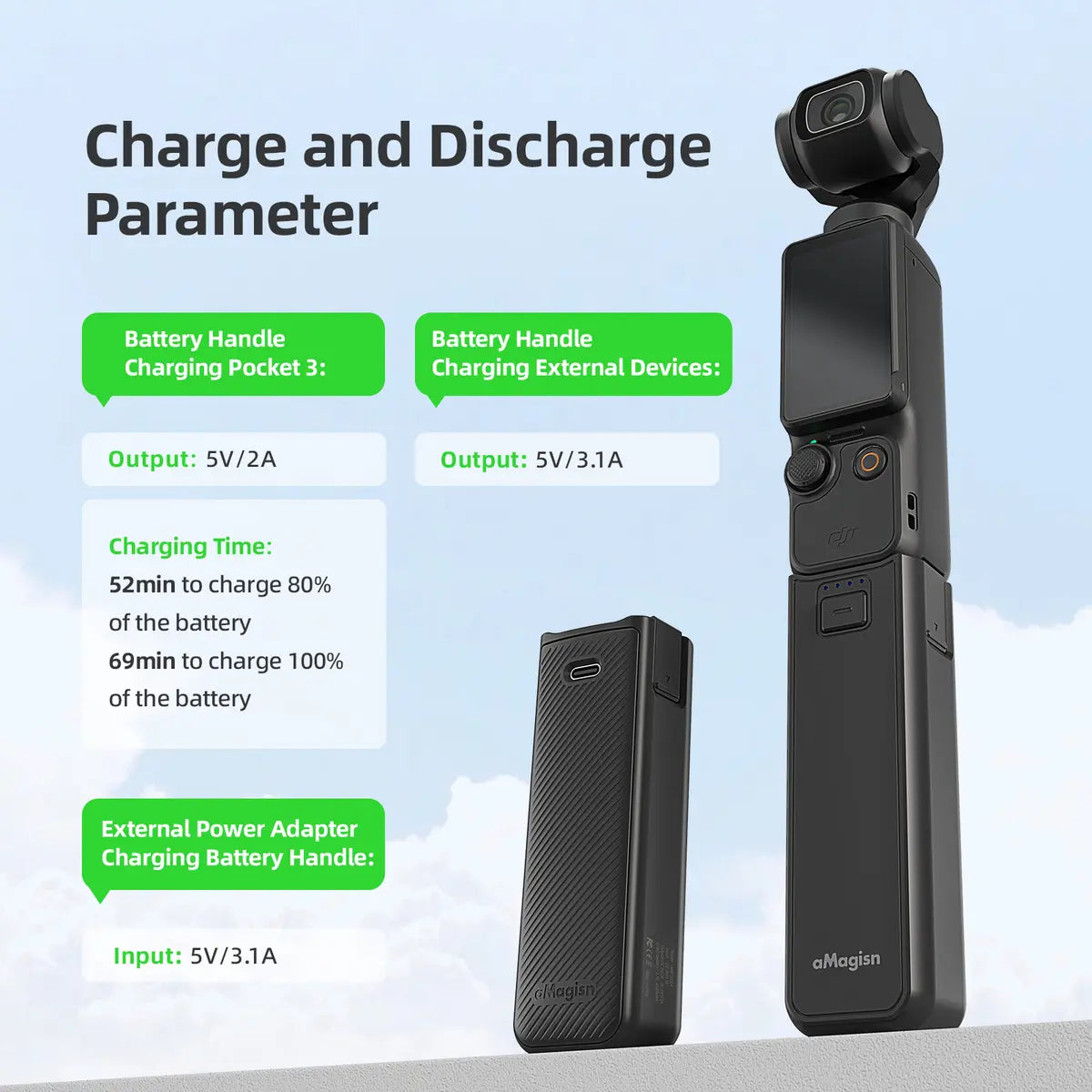 Charging Battery Handle for DJI Osmo Pocket 4P/4/3, 4500Mah Extended Grip with 1/4 Thread for Travel Vlogging