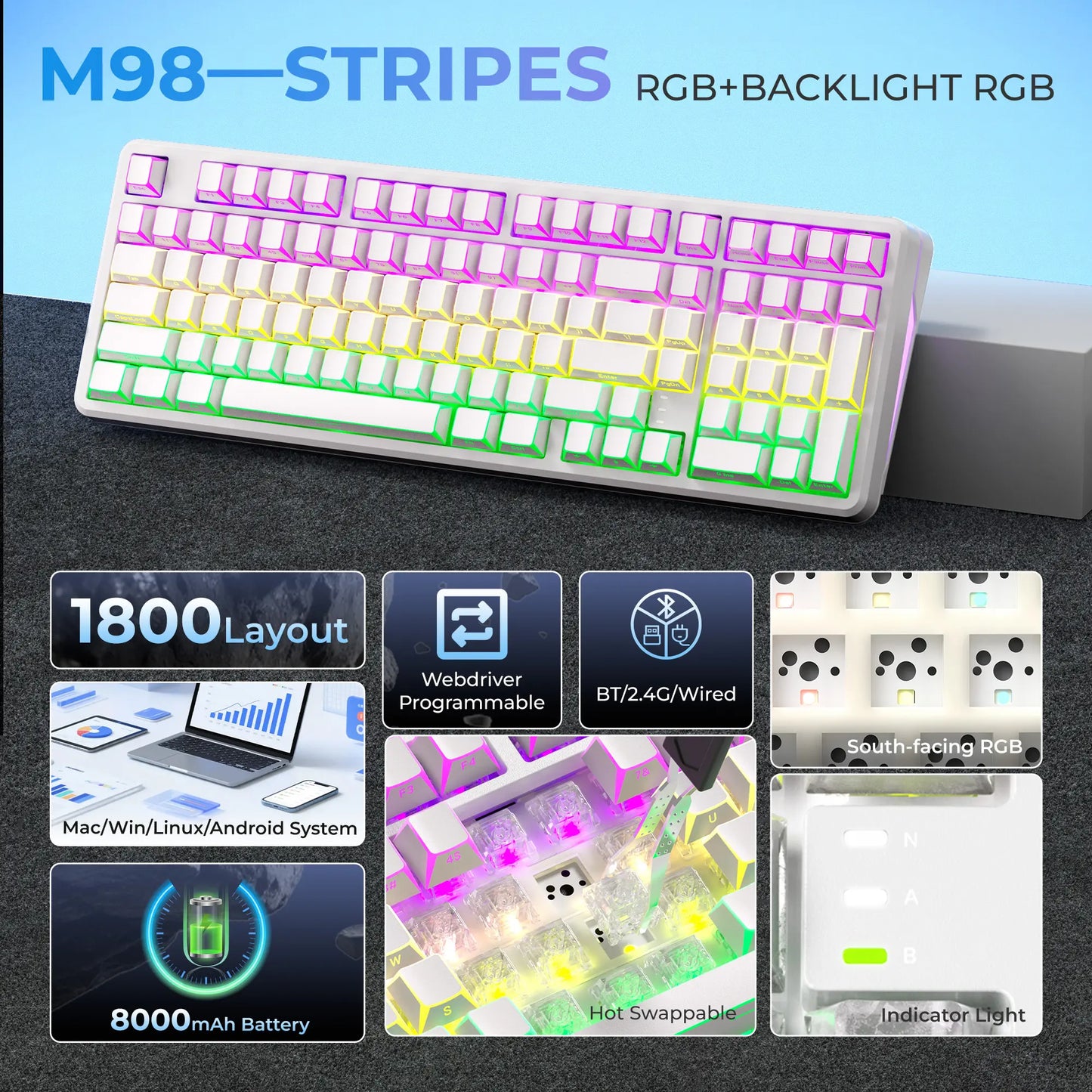 XVX M98 Tri-Mode Wireless Mechanical Keyboard with Number Pad, Bt5.0/2.4Ghz/Usb-C, Pre-Lubed Switches, Gasket Structure, Hot Swappable Custom Creamy Keyboard, 8000Mah, Gaming Keyboard, Office Keyboard, RGB Backlit