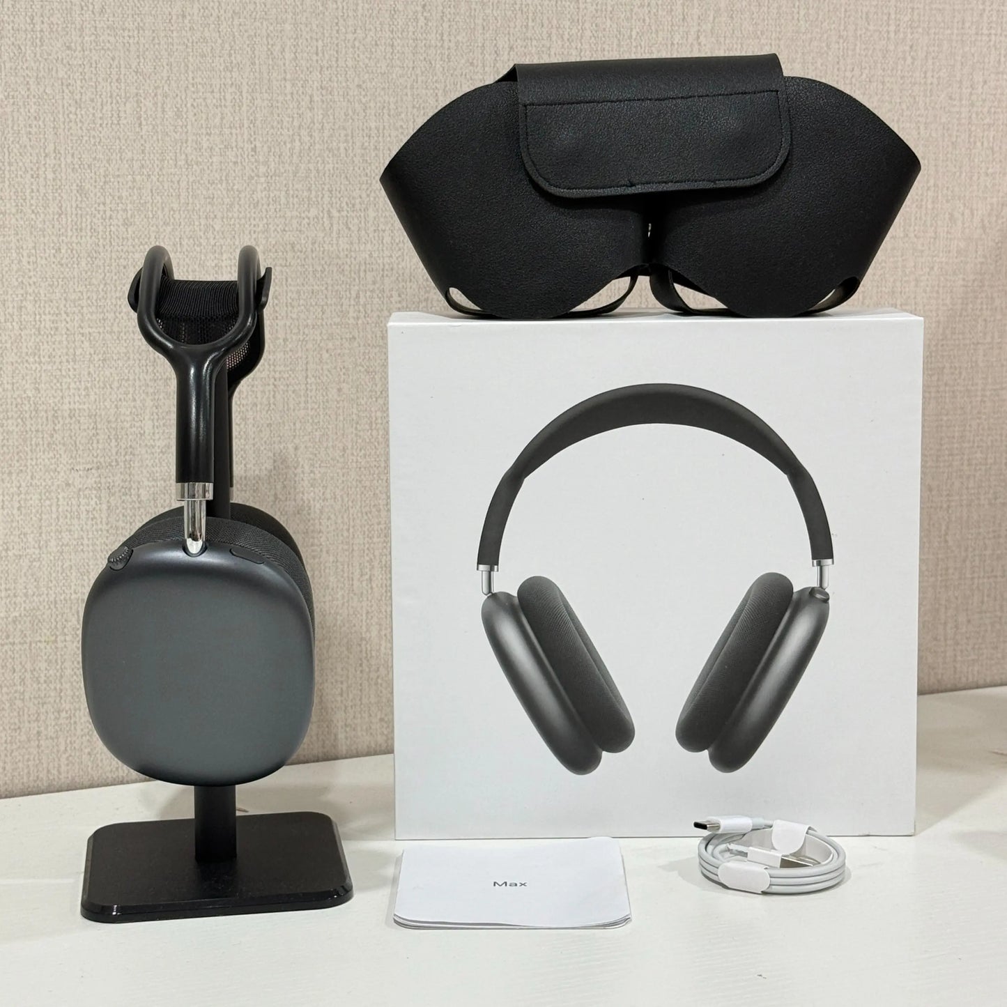 Premium MAXPRO5 MAX Over-Ear Bluetooth Headphones Magnetic Detachable Ear Cups Luxury Silky Comfort Fit Hi-Fi Clear Audio Noise Isolation Complete Kit Protective Leather Case Type-C Charging Wire Trendy Fashion Headset for Daily Outfit Travel Vlog