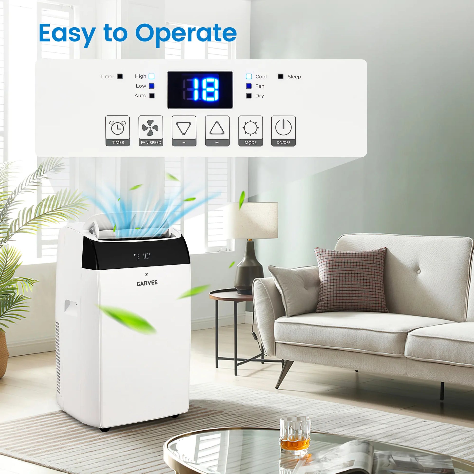 Garvee 14K/10K/8K BTU Fast & Quiet Cooling Portable Air Conditioner, 4‑In‑1 AC Unit with Dehumidifier & Fan, LED/LCD Display, Remote Control, 24H Timer, 4‑Way Swing, 360° Wheels & Window Kit for Bedroom Office Home