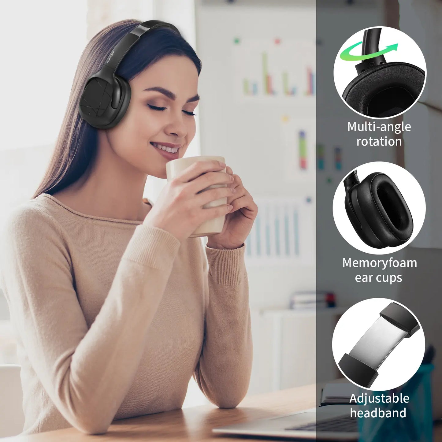 【US】ANCAMITA Hybrid Active Noise Cancelling Over-Ear Wireless Bluetooth Headphones – 50H Playtime, Foldable Design, Deep Bass, App EQ, Transparency Mode